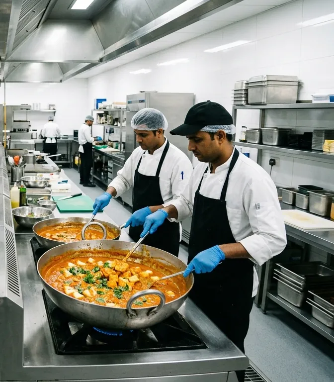 Cooks in hairnets and gloves at the Shahi Swaad kitchen line